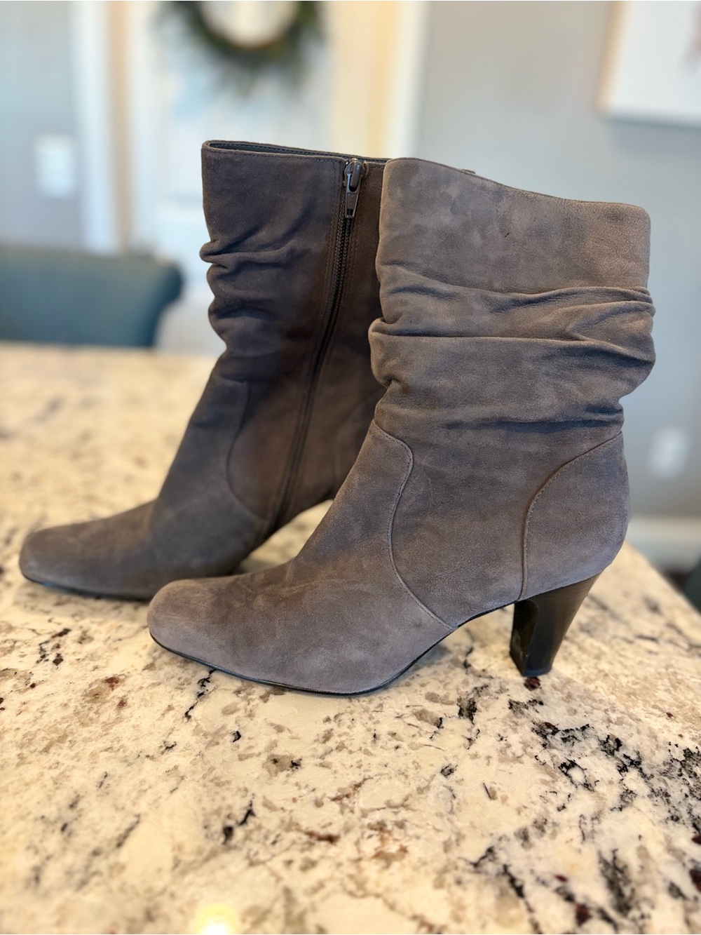 Coldwater Creek Grey Suede Slouch Boots Block Heel Mid Calf Zipper Size 8.5